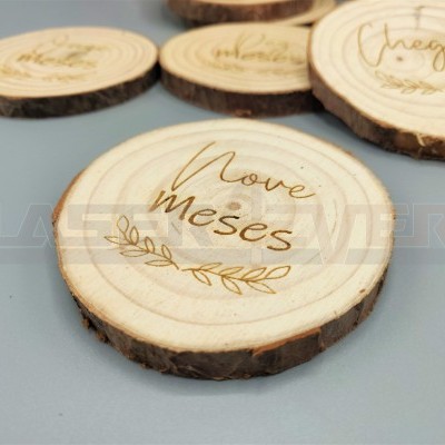 Discos de madeira com texto gravado 'Nove meses' e decoração de folha.