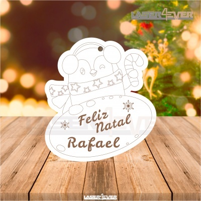 Ornamento de Natal em acrílico com pinguim e texto Feliz Natal Rafael