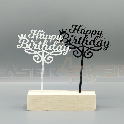 Enfeites de bolo 'Happy Birthday' em acrílico branco e preto numa base de madeira clara