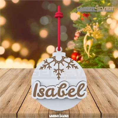 Ornamento de Natal redondo branco com nome Isabel e floco de neve castanho
