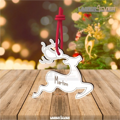 Ornamento natalício em forma de rena branca com cordão vermelho e nome 'Martim'