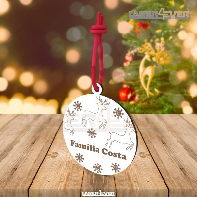 Ornamento de Natal redondo branco com texto Família Costa e laço vermelho