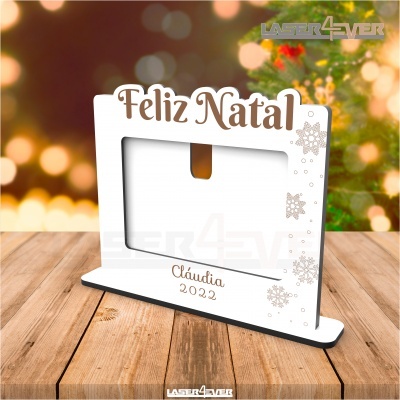 Suporte de fotografia de Natal branco com texto e decoração de flocos de neve