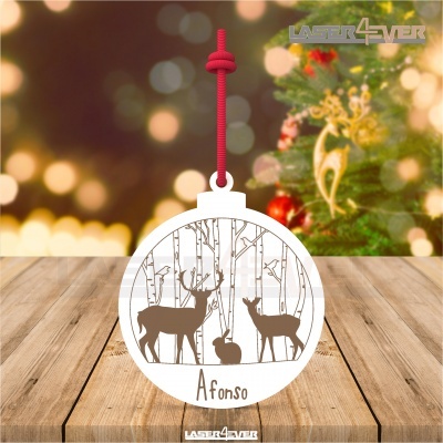 Enfeite de Natal redondo branco com veados e nome Afonso