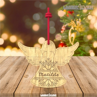 Enfeite natalício em madeira em forma de sino com asas e cordão vermelho