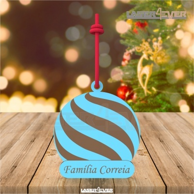 Ornamento de Natal azul e castanho com texto Família Correia e cordão vermelho