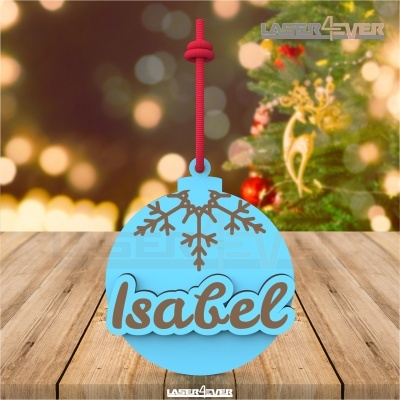 Ornamento de Natal azul com nome Isabel e floco de neve