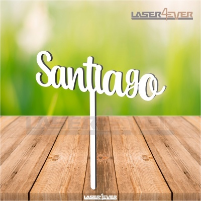 Topper de bolo acrílico branco com a palavra Santiago