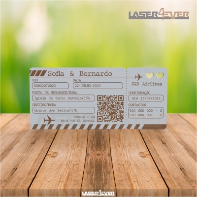 Bilhete de voo personalizado com nomes Sofia & Bernardo e detalhes de embarque