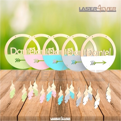 Cinco decorações penduráveis em madeira colorida com palavra 'Dani' e penas suspensas