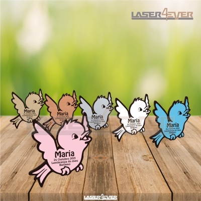 Figuras de pássaros decorativos coloridos em madeira com texto gravado personalizado