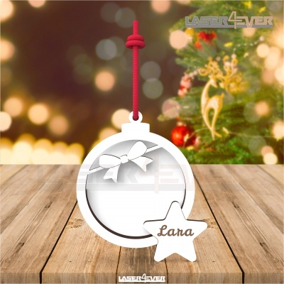 Enfeite de Natal em madeira branca com cordão vermelho e estrela com nome Lana