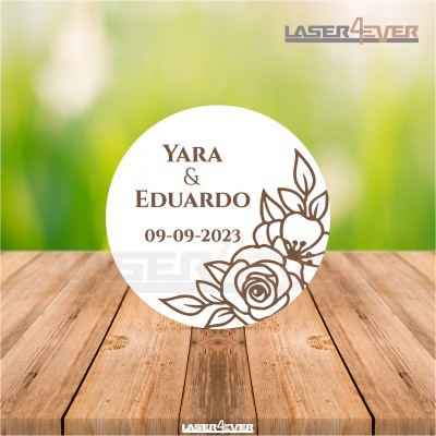 Adesivo redondo branco com texto e ilustração de flores