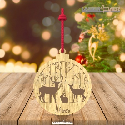 Enfeite de Natal em madeira com veados e nome Afonso