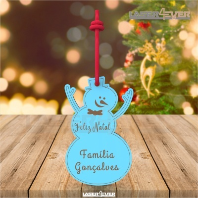 Ornamento de Natal azul em forma de boneco de neve com texto personalizado