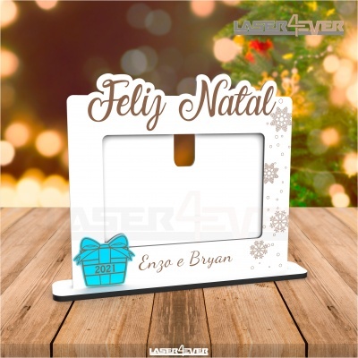 Moldura de fotografia branca decorada para Natal com texto e presente azul