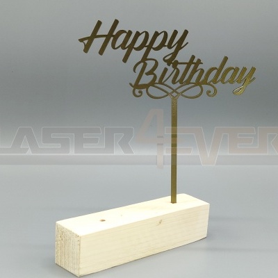 Suporte de madeira com texto metálico dourado 'Happy Birthday'