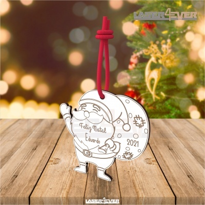 Enfeite de Natal de madeira com Pai Natal e cordão vermelho