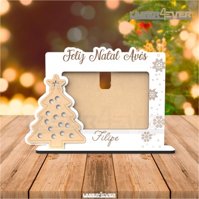 Moldura de fotografia de Natal em MDF e acrílico com decoração de árvore e texto