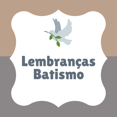 Design gráfico com pomba e texto 'Lembranças Batismo' em fundo colorido
