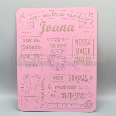 Placa decorativa rosa com texto dourado e branco sobre nascimento da Joana