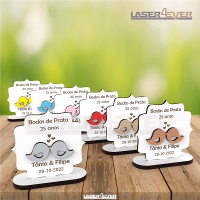Placas decorativas para Bodas de Prata com pássaros coloridos e nomes Tânia & Filipe