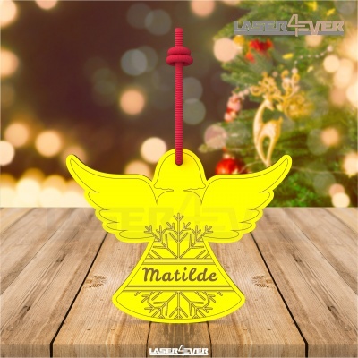 Enfeite de Natal amarelo em forma de sino com asas e cordão vermelho