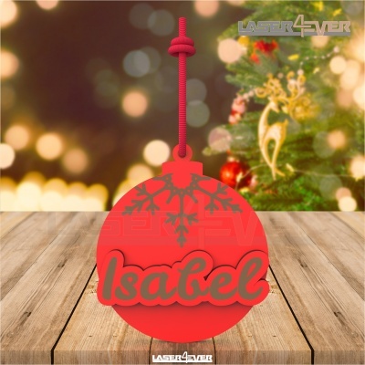 Enfeite natalício bola vermelha com nome Isabel e floco de neve