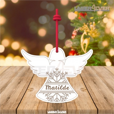 Enfeite de sineta de Natal branco com nome Matilde e cordão vermelho