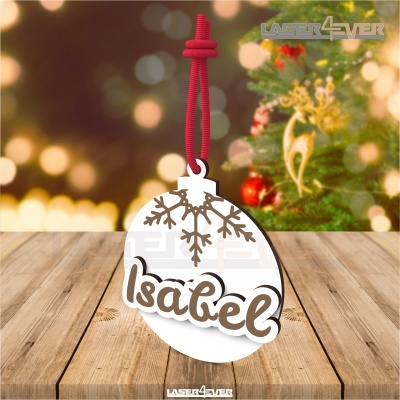 Ornamento de Natal branco com floco de neve e nome Isabel pendurado por cordão vermelho