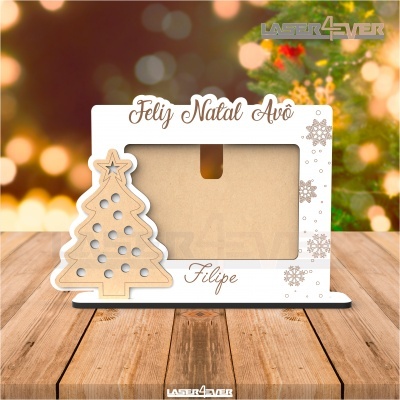 Suporte de fotografia de Natal em madeira com árvore e texto gravado