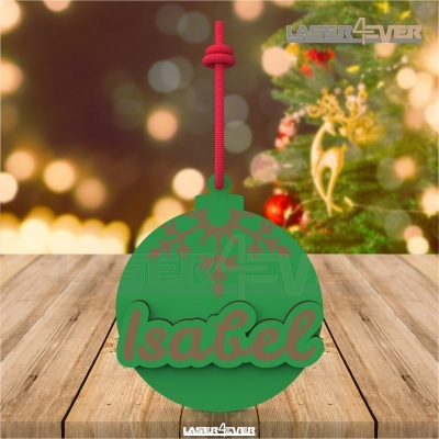Ornamento verde de Natal em forma de bola com o nome Isabel e cordão vermelho