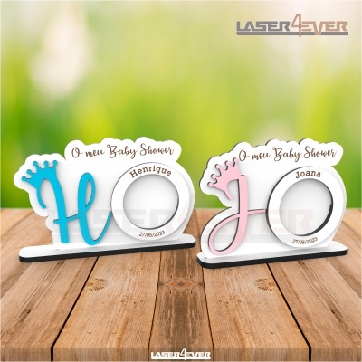Placas decorativas para Baby Shower em azul e rosa com nomes e data