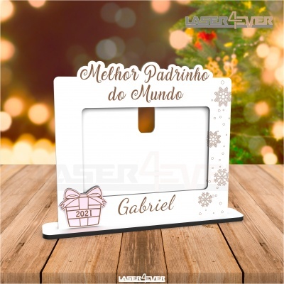 Moldura acrílica branca decorada com texto e flocos de neve para fotografia de padrinho