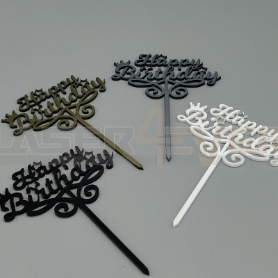 Decorativos para bolos Happy Birthday em dourado, cinzento, preto e branco com palitos