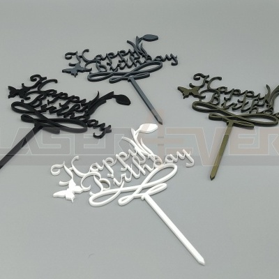 Decorações de bolo acrílicas com texto 'Happy Birthday' em preto, cinza e branco