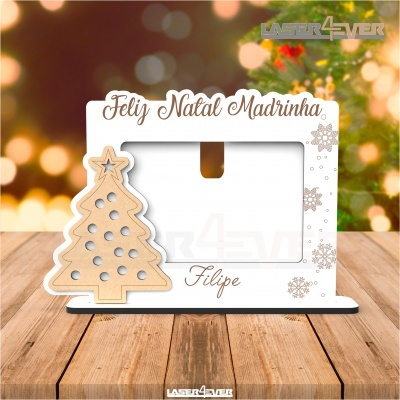 Moldura de fotografia Natalícia com árvore e texto em português