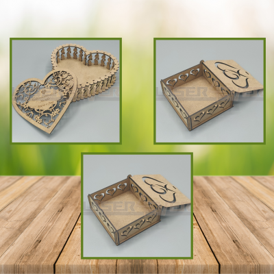 Caixas de presente em MDF com desenhos de corações e texto gravado à laser sobre mesa de madeira