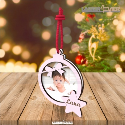 Enfeite de Natal bola branca com foto de criança e estrela rosa com nome Lana
