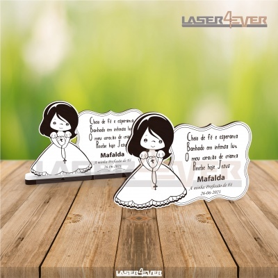 Porta-retratos acrílico menina vestido branco com texto em português