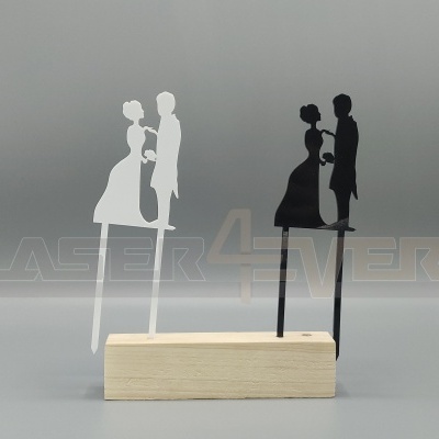 Suportes decorativos para bolos de casamento com figuras de noivos em acrílico preto e branco