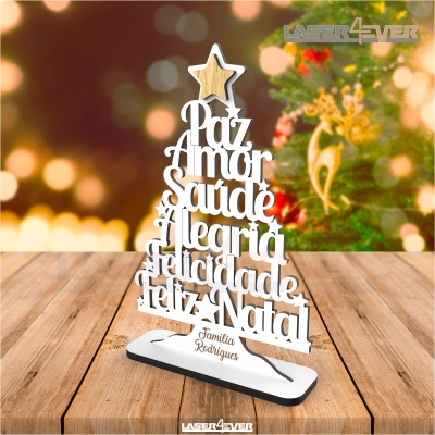 Decoração árvore de Natal branca com palavras festivas, estrela de madeira e base personalizada