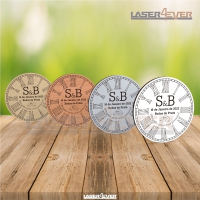 Cinco medalhões metálicos decorativos com números romanos e texto 