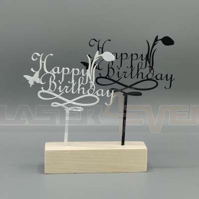 Adornos decorativos para bolo 'Happy Birthday' em preto e branco com base de madeira clara
