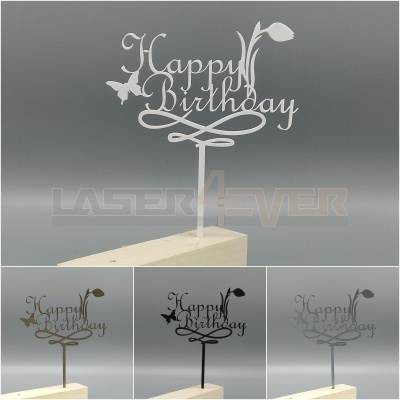 Topo de bolo decorativo com texto 'Happy Birthday' em várias cores