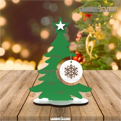 Figura decorativa de árvore de Natal verde com base branca e enfeite de floco de neve