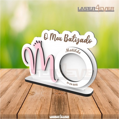 Decoração para batizado com texto O Meu Batizado, nome Matilde e data 21-08-2022