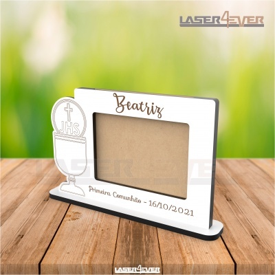 Porta-fotografias acrílico branco com gravura religiosa e texto personalizado