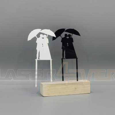Toppers para bolos casamentos, acrílico branco e preto, casal de noivos sob guarda-chuvas, base de madeira