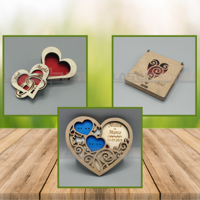 Caixas de madeira decorativas em forma de coração com gravações a laser e peças coloridas